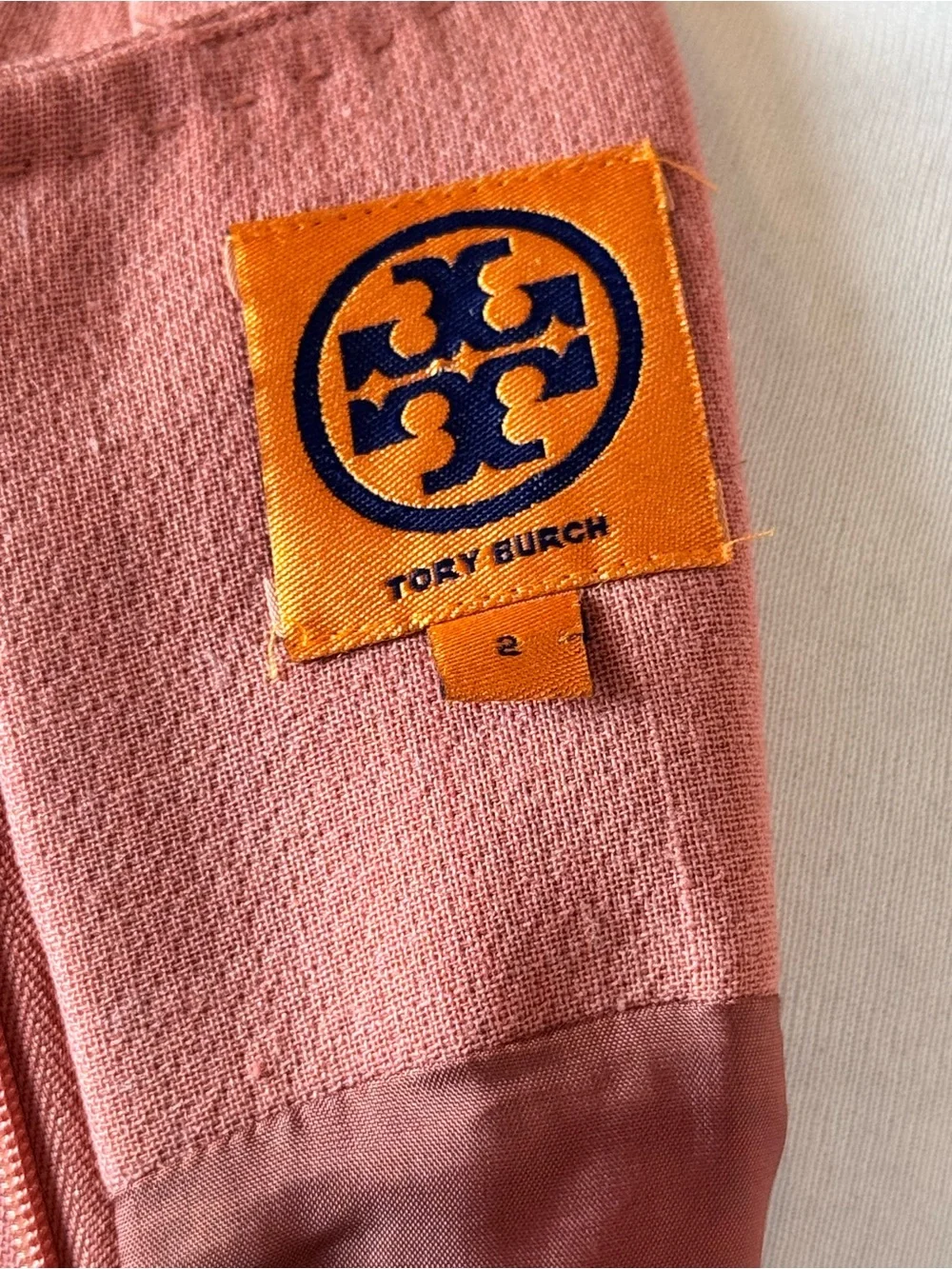 Tory Burch Petra Dress 2 Peach Wool Blend Sheath Gold Zip Pockets Officecore
